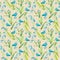 Watercolor seamless pattern of blue little flowers and blue birds, pigeons on a beige background.
