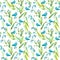 Watercolor seamless pattern of blue little flowers and blue birds, pigeons on a beige background.