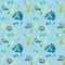 Watercolor seamless pattern of blue little flowers and blue birds, pigeons on a blu background.