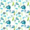 Watercolor seamless pattern of blue little flowers and blue birds, pigeons on a white background.