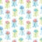 Watercolor seamless pattern with blue, red flowers on green stains background.