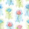 Watercolor seamless pattern with blue, red flowers on green stains background.