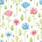 Watercolor seamless pattern with blue, red flowers and vegetation