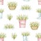 Watercolor seamless pattern with bouquet with lilies of the valley on wicker basket, bucket and rubber boot