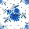 Watercolor seamless pattern with bouquets of blue roses and blue polka on white background.