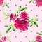 Watercolor seamless pattern with bouquets of pink roses and pink polka on pink background.