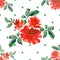 Watercolor seamless pattern with bouquets of red roses and green polka on white background.