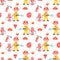 Watercolor seamless pattern with boy fireman and fire equipment