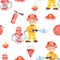 Watercolor seamless pattern with boy fireman and fire equipment on a white background