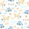 Watercolor seamless pattern with boys toys airplane car cubes clouds