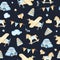 Watercolor seamless pattern with boys toys car airplane pyramids flags rocking horse