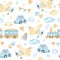Watercolor seamless pattern with boys toys train airplane car cubes clouds