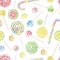 Watercolor seamless pattern with bright candies, lollipops and sweets