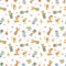 Watercolor seamless pattern with bright cute baby animals in clothes and various items