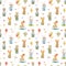 Watercolor seamless pattern with bright cute baby animals in clothes and various items