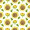 Watercolor seamless pattern with bright sunflowers, leaves and buds of the plant