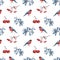 Watercolor seamless pattern with bullfinch, pine-branch and rowan berries isolated on a white background