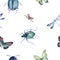 Watercolor Seamless Pattern with Butterflies and Dragonfly. Hand Painted Illustration.