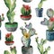 Watercolor seamless pattern with cactus in a pot. Hand painted opuntia, cereus in a green, red and blue pot isolated on