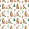 Watercolor seamless pattern camping with beaver and hedgehog by the fire with marshmallows on sticks on white background