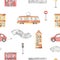 Watercolor seamless pattern with car, tram, building, houses, road sign, road, traffic lights, for children, boys