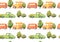 Watercolor seamless pattern with cartoon car. Hand drawn illustration. Isolated on white background. Funny cartoon image