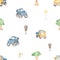 Watercolor seamless pattern with cartoon cars, truck, SUV for textures, prints, wallpapers