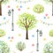 Watercolor seamless pattern with cartoon flowers, trees, bushes, garland and streetlight in park