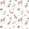 Watercolor seamless pattern with cartoon forest animals and plants on a white background