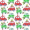Watercolor seamless pattern with cartoon holidays cars and gifts. New Year. Celebration illustration. Merry Christmas.