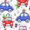 Watercolor seamless pattern with cartoon holidays cars and gifts. New Year. Celebration illustration. Merry Christmas.