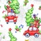 Watercolor seamless pattern with cartoon holidays cars, trees and gifts. New Year. Celebration illustration.