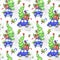 Watercolor seamless pattern with cartoon holidays cars, trees and gifts. New Year. Celebration illustration. Merry