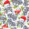 Watercolor seamless pattern with cartoon holidays cars, trees and gifts. New Year. Celebration illustration. Merry