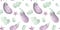 Watercolor seamless pattern with cartoon illustration of ripe eggplant, leaves, flowers isolated on white background