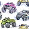 Watercolor seamless pattern Cartoon Monster Trucks. Colorful Extreme Sports background. 4x4. Vehicle SUV Off Road