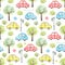 Watercolor seamless pattern with cartoon multicolored cars in park