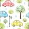 Watercolor seamless pattern with cartoon multicolored cars in park