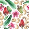 Watercolor seamless pattern of cashew fruits, nuts, flowers and leaves.