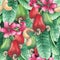 Watercolor seamless pattern of cashew fruits, nuts, flowers and leaves.