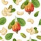 Watercolor seamless pattern cashew isolated on a white background.