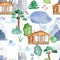 Watercolor seamless pattern with chalet house, mountains, lake, clouds, forest.