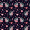 Watercolor seamless pattern with cheerful hedgehogs and sweets on dark.