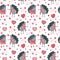 Watercolor seamless pattern with cheerful hedgehogs with sweets on white.