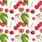 Watercolor seamless pattern, cherries, green leaves on white background. Pattern for paper, fabric, food products etc.