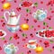 Watercolor seamless pattern with cherrys, teacup, lemon, sugar bowl and teapot