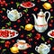 Watercolor seamless pattern with cherrys, teacup, lemon, sugar bowl and teapot