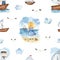 Watercolor seamless pattern with children sailors on the sea landscape, ships