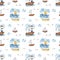 Watercolor seamless pattern with children sailors on the sea landscape, ships on a white background