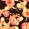 Watercolor seamless pattern of chines flat peaches levitation with splashing juice isolated on dark. Fruits with drops